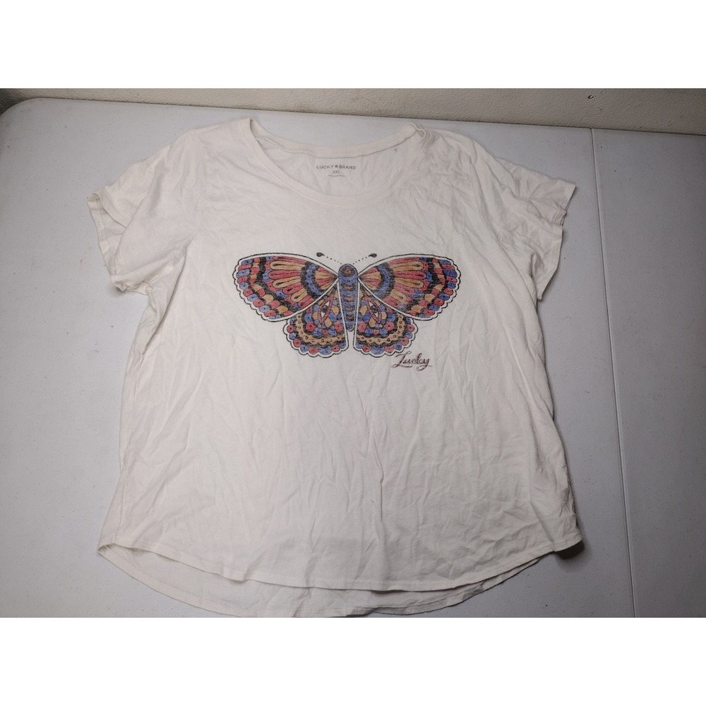 Lucky Brand Women XXL Off White Butterfly Graphic Scoop Neck Short Sleeve Tee